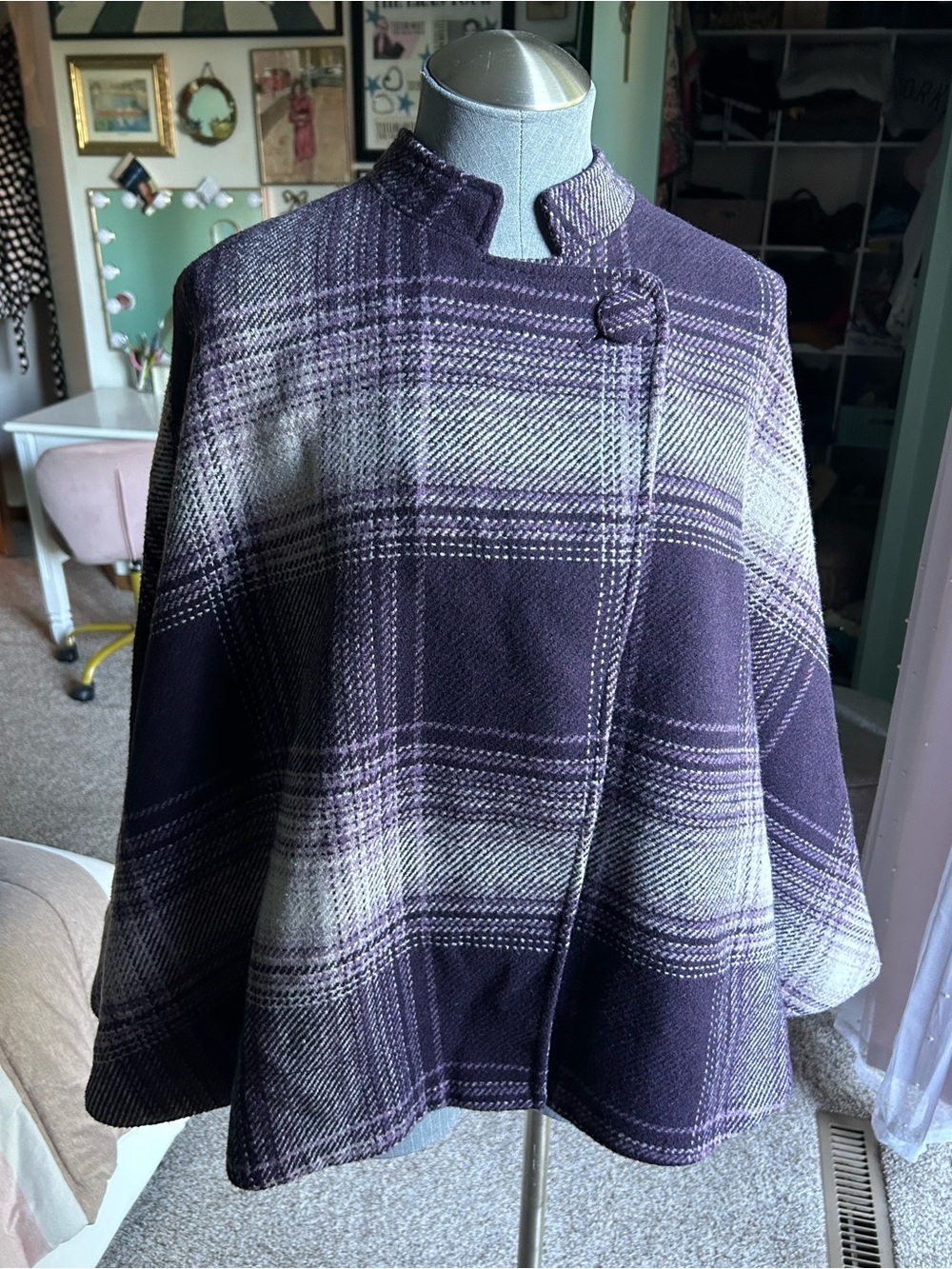 Mossimo Lined Purple Plaid Knit Cape Poncho